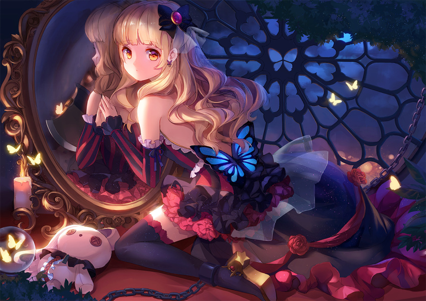 1girl axe black_legwear blonde_hair butterfly chain chained dress earrings high_heels jewelry long_hair mayu_(vocaloid) mirror night orange_eyes revision sky solo stellarism stuffed_animal stuffed_bunny stuffed_toy thigh-highs vocaloid weapon