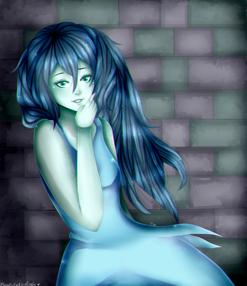 1girl artist_name bangs blue_hair dress green_eyes highres long_hair looking_at_viewer majesticfuckingeagle payot solo spooky's_house_of_jump_scares spooky_(shojs)