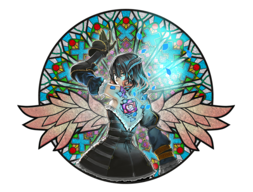 1girl black_hair bloodstained:_ritual_of_the_night blue_eyes brown_hair detached_sleeves gauntlets hair_between_eyes hair_ornament highres looking_at_viewer miriam_(bloodstained) multicolored_hair official_art pale_skin short_hair solo stained_glass