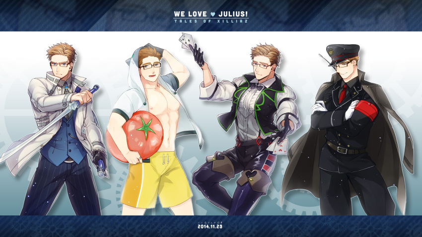 4boys ana_mix blue_eyes boots brown_hair cape card glasses hat highres innertube julius_will_kresnik long_coat military military_hat military_uniform multiple_boys multiple_persona playing_card swim_trunks sword tales_of_(series) tales_of_xillia tales_of_xillia_2 thigh-highs thigh_boots tomato uniform vest weapon