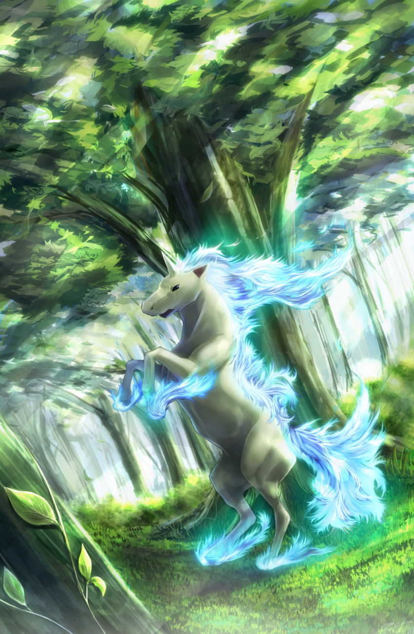 alternate_color artist_name dated forest grass highres lens_flare light_rays nature no_humans pokemon pokemon_(creature) rapidash shiny_pokemon tree vines yuitsuki1206