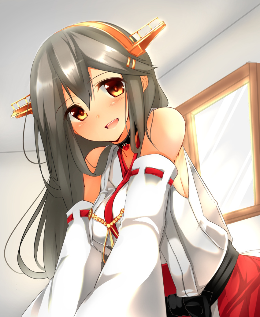 1girl arm_support bare_shoulders black_hair blush breasts detached_sleeves hair_ornament hairband hairclip haruna_(kantai_collection) heart highres indoors kantai_collection large_breasts long_hair looking_at_viewer looking_to_the_side nontraditional_miko open_mouth ribbon-trimmed_sleeves ribbon_trim sideboob skirt smile solo tsukui_kachou upper_body v_arms window