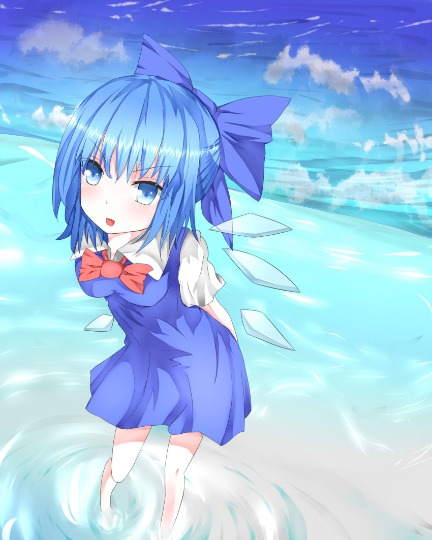 1girl absurdres artist_request barefoot blue_eyes blue_hair bow breasts cirno hair_bow highres ice ice_wings legs looking_at_viewer open_mouth short_hair touhou wings