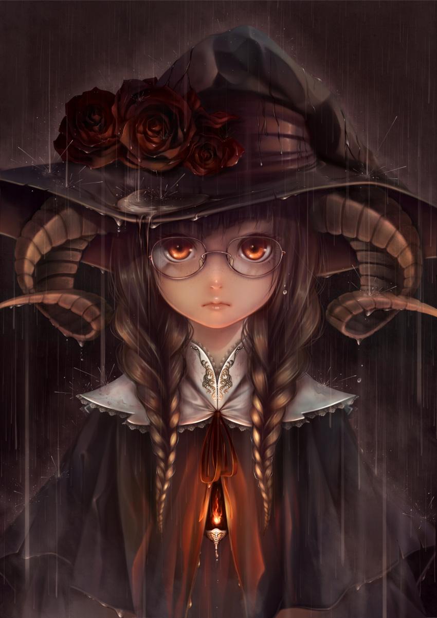 1girl absurdres bouno_satoshi braid brown_hair capelet flame flower freckles glasses hat highres horns long_hair looking_at_viewer orange_eyes original rain red_rose ribbon rose solo twin_braids upper_body wet witch_hat