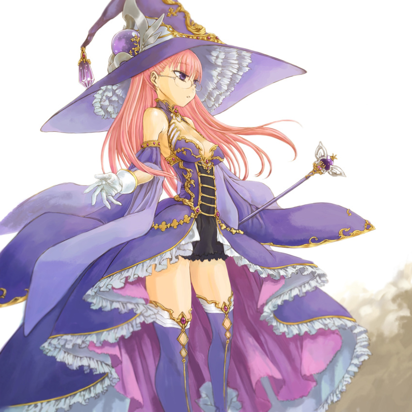 1girl annalina_rehn breasts cervus cleavage dress frilled_dress frills glasses gloves hat highres kanpani_girls long_hair looking_away pink_hair standing thigh-highs violet_eyes wand witch_hat