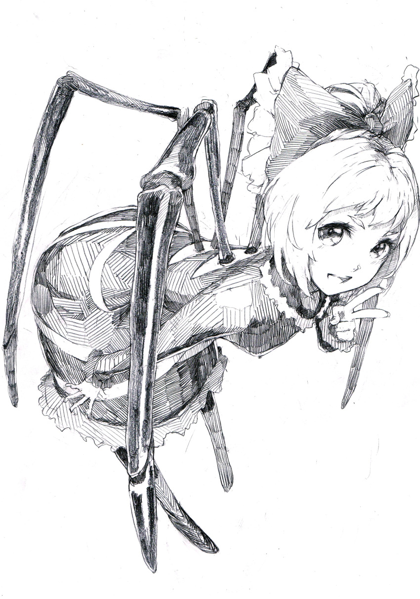 1girl absurdres bent_over bow dress foreshortening hair_bow highres insect_girl kurodani_yamame looking_at_viewer matumasima mechanical_pencil open_mouth pencil short_hair sketch smile solo spider_girl spider_legs standing touhou traditional_media v