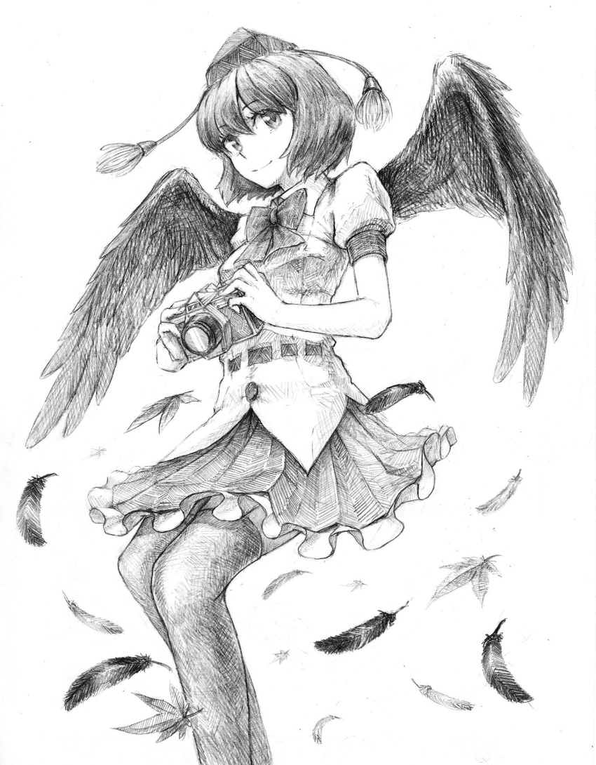 1girl blouse bowtie camera cowboy_shot feathers greyscale hat highres kneehighs leaf maple_leaf matumasima monochrome pom_pom_(clothes) shameimaru_aya short_hair skirt smile solo thigh-highs tokin_hat touhou wings zettai_ryouiki