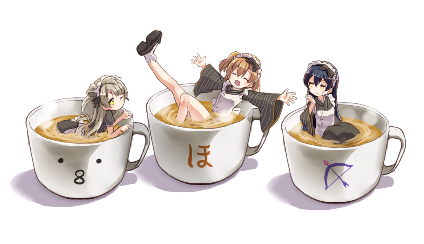 3girls ^_^ blue_hair bow closed_eyes coffee coffee_cup commentary_request cup female food grey_hair hair_bow in_container in_cup in_food kousaka_honoka love_live!_school_idol_project maid maid_headdress minami_kotori multiple_girls one_eye_closed one_side_up orange_hair shikei_(jigglypuff) shoes sonoda_umi sweatdrop wide_sleeves yellow_eyes