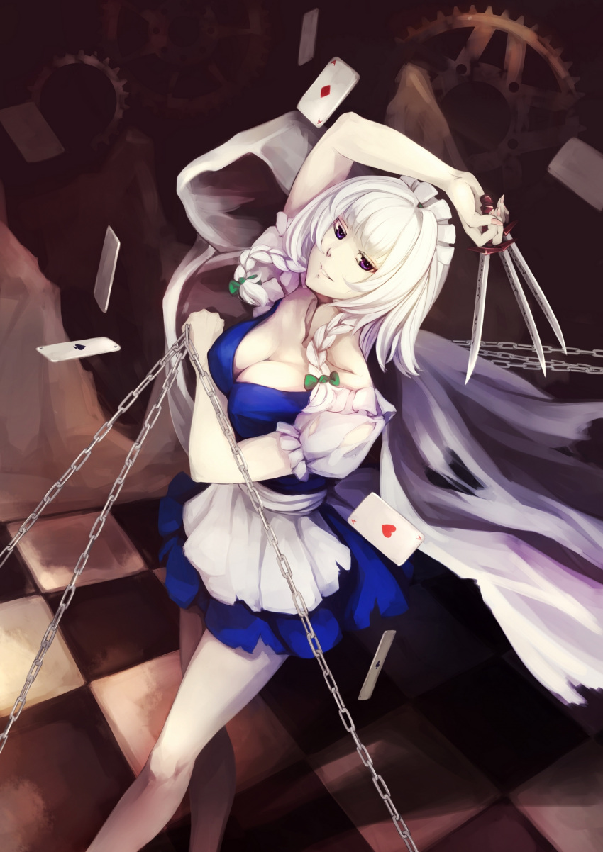 1girl ace_of_clubs ace_of_diamonds ace_of_hearts ace_of_spades apron arm_over_head bare_legs blue_dress blue_eyes bow braid breasts chain checkered checkered_floor cleavage cloak collarbone colored_eyelashes dress dutch_angle gears grip hair_bow highres izayoi_sakuya kalalasan knives_between_fingers large_breasts legs looking_at_viewer maid maid_headdress puffy_short_sleeves puffy_sleeves shadow short_dress short_sleeves solo thighs torn_clothes touhou twin_braids white_hair