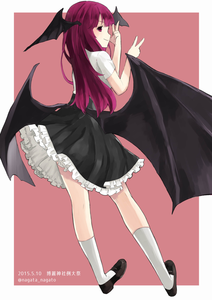 1girl absurdres dated demon_wings foreshortening frilled_skirt frills from_behind head_wings highres kneehighs koakuma lavender_hair loafers nagata_nagato red_background shoes short_sleeves side_glance simple_background skirt smile solo touhou twitter_username v w white_legwear wings
