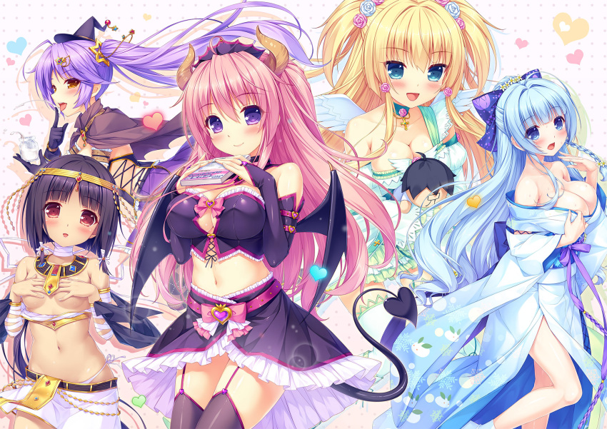 5girls ahoge bandages black_gloves black_hair blonde_hair blue_eyes blue_hair blush book bow braid breasts bridal_gauntlets brown_eyes cape choker cleavage corset covering covering_breasts dark_skin demon_girl demon_tail demon_wings detached_collar egyptian elbow_gloves flower garter_straps gloves hair_between_eyes hair_bow hair_flower hair_ornament hairclip half_updo heart highres horns japanese_clothes kimono large_breasts long_hair low_ponytail midriff mini_witch_hat multiple_girls navel obi off_shoulder one_side_up panties pink_hair pleated_skirt purple_gloves purple_hair purple_legwear red_eyes rosary sash sayori side-tie_panties side_braid side_ponytail skirt small_breasts smile sweat tabi tail thigh-highs tongue tongue_out top_pull two_side_up underwear very_long_hair violet_eyes white_panties wings