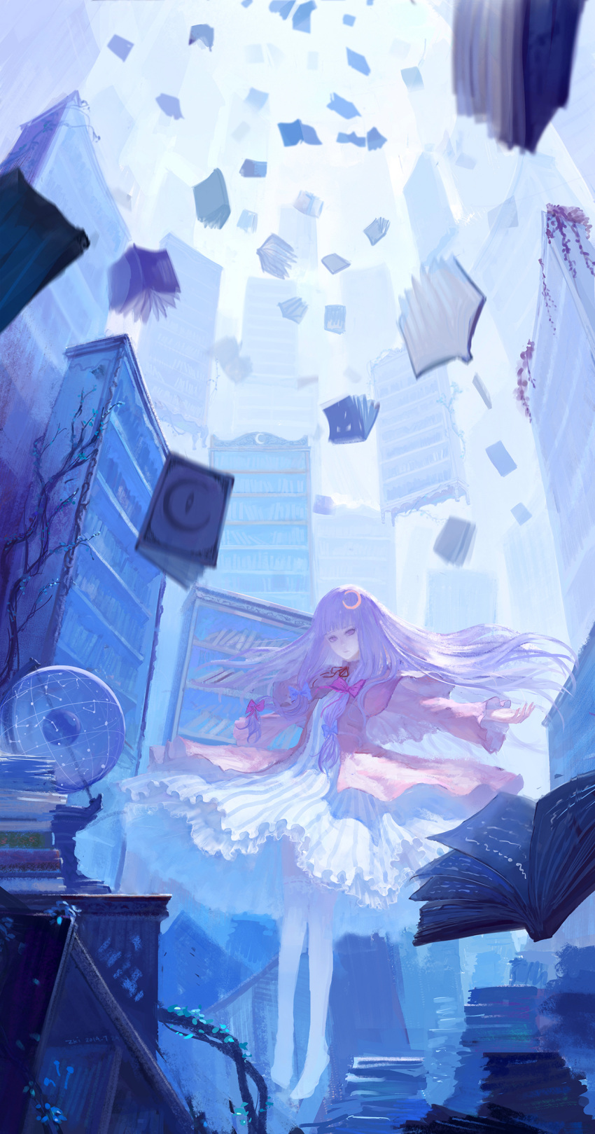 1girl bangs blunt_bangs book bookshelf bow capelet crescent crescent_hair_ornament dated expressionless floating_hair flying frills globe hair_bow hair_ornament highres library long_hair long_sleeves no_hat outstretched_arms patchouli_knowledge purple_hair solo spread_arms thigh-highs touhou tuzki vertical_stripes violet_eyes voile white_legwear