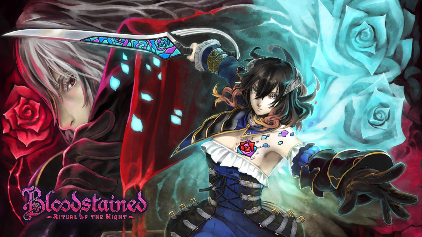 1boy 1girl black_hair bloodstained:_ritual_of_the_night blue_eyes brown_hair detached_sleeves gauntlets gebel_(bloodstained) gloves grey_eyes hair_between_eyes hair_ornament highres miriam_(bloodstained) multicolored_hair official_art pale_skin red_eyes short_hair stained_glass sword title weapon