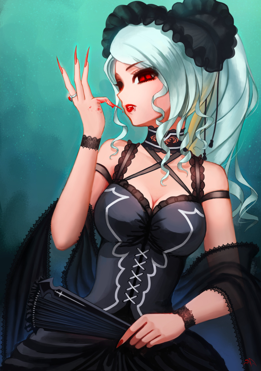 1girl absurdres blood bonnet darkmuleth drill_hair fan fang fingernails gothic_lolita highres jewelry lace lipstick lolita_fashion long_fingernails makeup nail_polish overlord_(maruyama) parted_lips ponytail red_eyes ring shalltear_bloodfallen silver_hair solo vampire