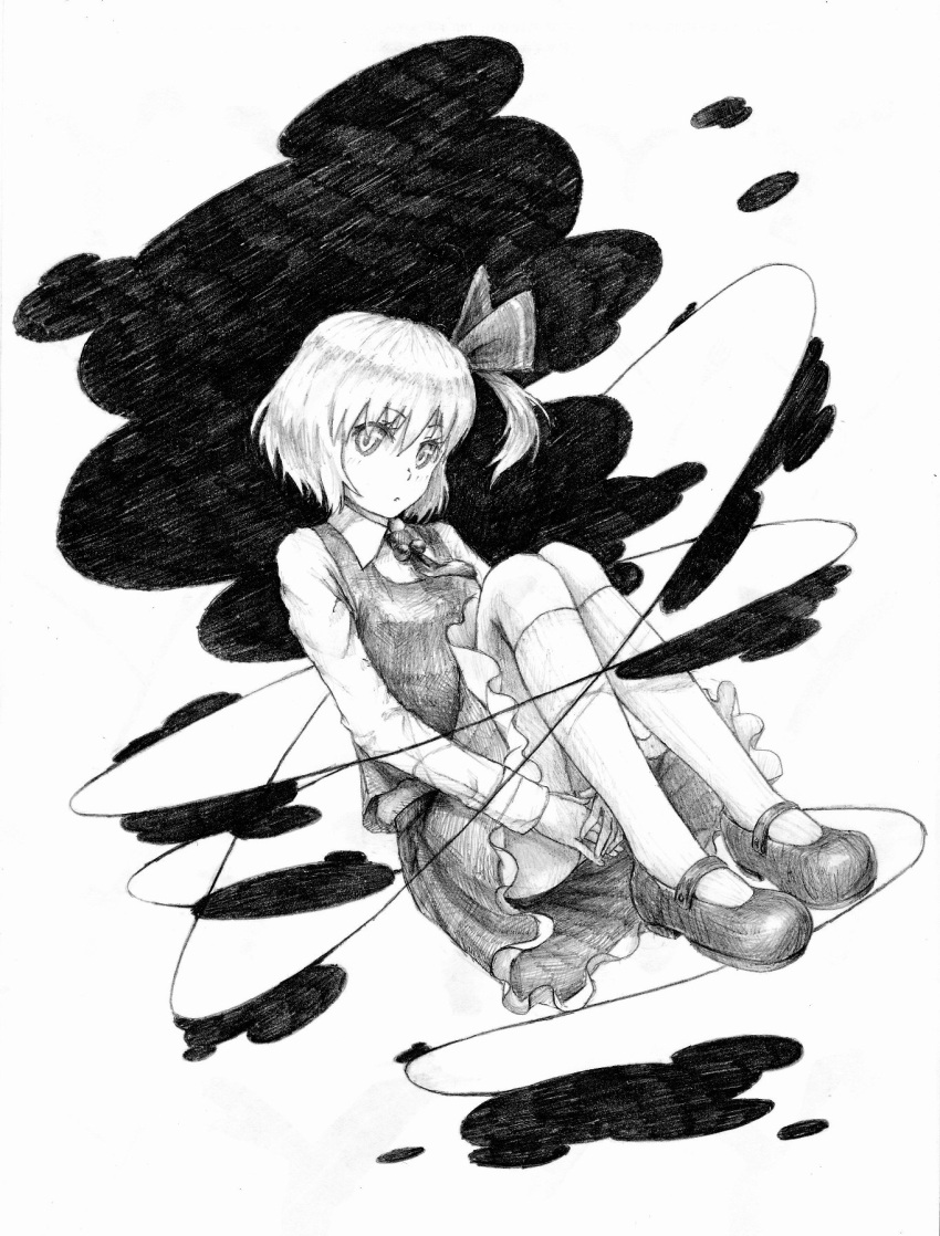 1girl ascot blouse darkness greyscale hair_ribbon highres kneehighs knees_to_chest leg_hug looking_at_viewer matumasima monochrome ribbon rumia shoes short_hair side_ponytail sitting skirt solo touhou vest