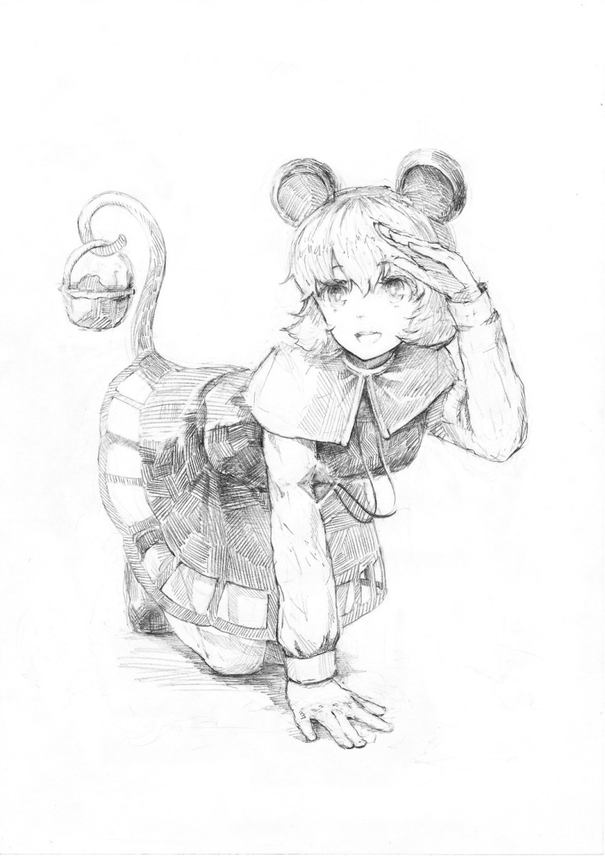 1girl all_fours animal_ears basket blouse capelet greyscale hand_to_forehead highres long_sleeves looking_afar matumasima monochrome mouse mouse_ears mouse_tail nazrin open_mouth short_hair skirt skirt_set smile solo tail tail_hold touhou vest