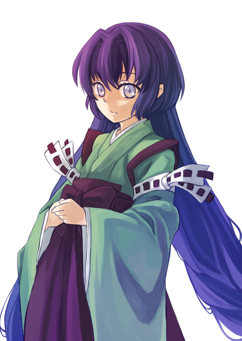 1girl chio_kitsune highres japanese_clothes kamishiro_rin kimono long_hair maburaho purple_hair white_eyes