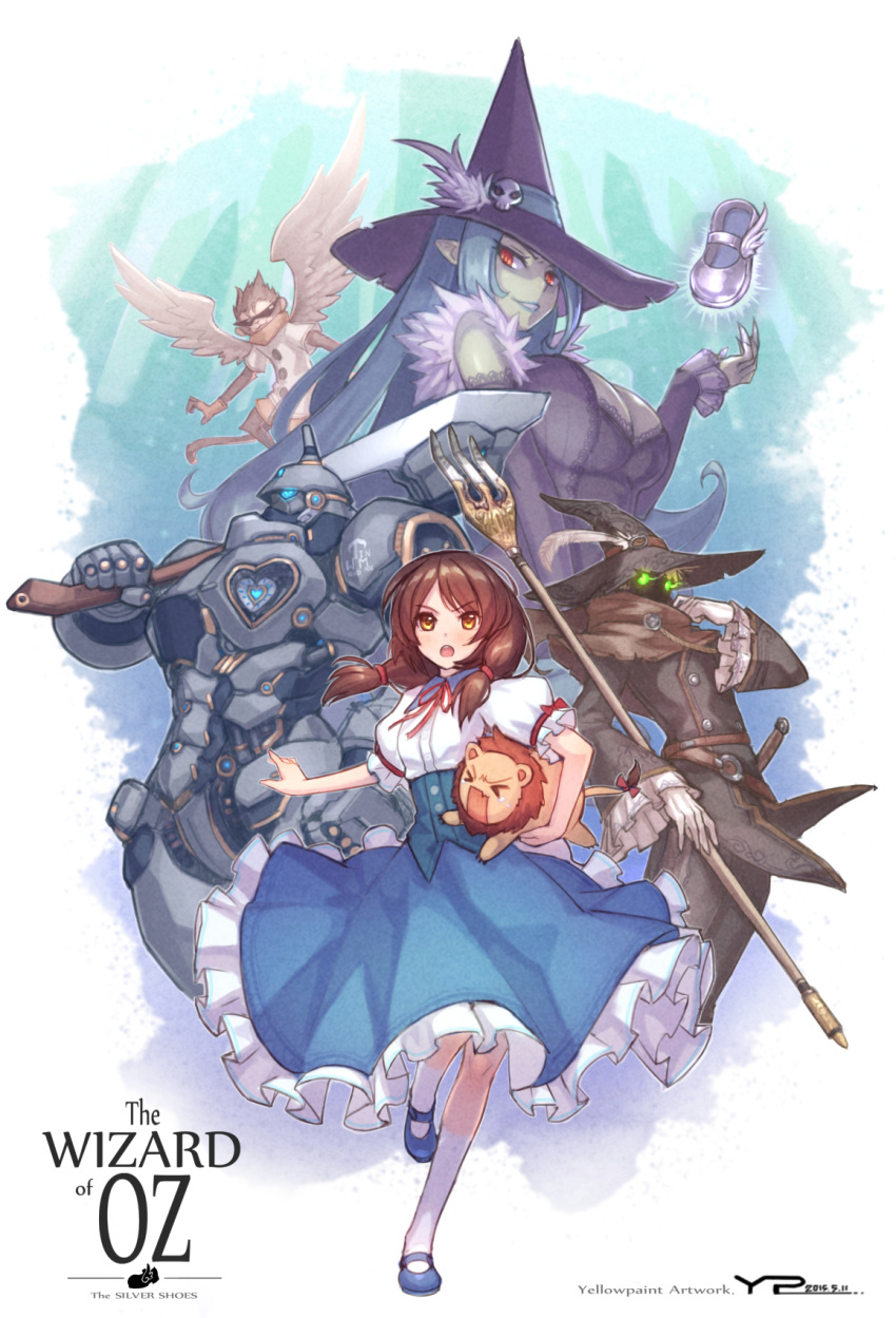 2girls 3boys axe bare_shoulders blue_hair blue_skin breasts brown_eyes brown_hair cleavage copyright_name detached_sleeves fork frilled_skirt frills glowing glowing_eyes hat highres large_breasts lion long_skirt low_twintails mecha multiple_boys multiple_girls open_mouth original ribbon shoes skirt sunglasses the_wizard_of_oz twintails weapon wings witch witch_hat yellowpaint.