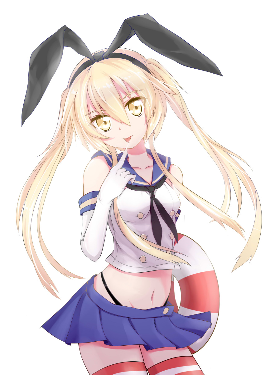 1girl :p absurdres alternate_hairstyle black_panties blonde_hair caibao elbow_gloves gloves hair_ribbon highres innertube kantai_collection looking_at_viewer microskirt midriff mound_of_venus navel panties ribbon saliva saliva_trail shimakaze_(kantai_collection) skirt solo striped striped_legwear thigh-highs tongue tongue_out twintails underwear yellow_eyes