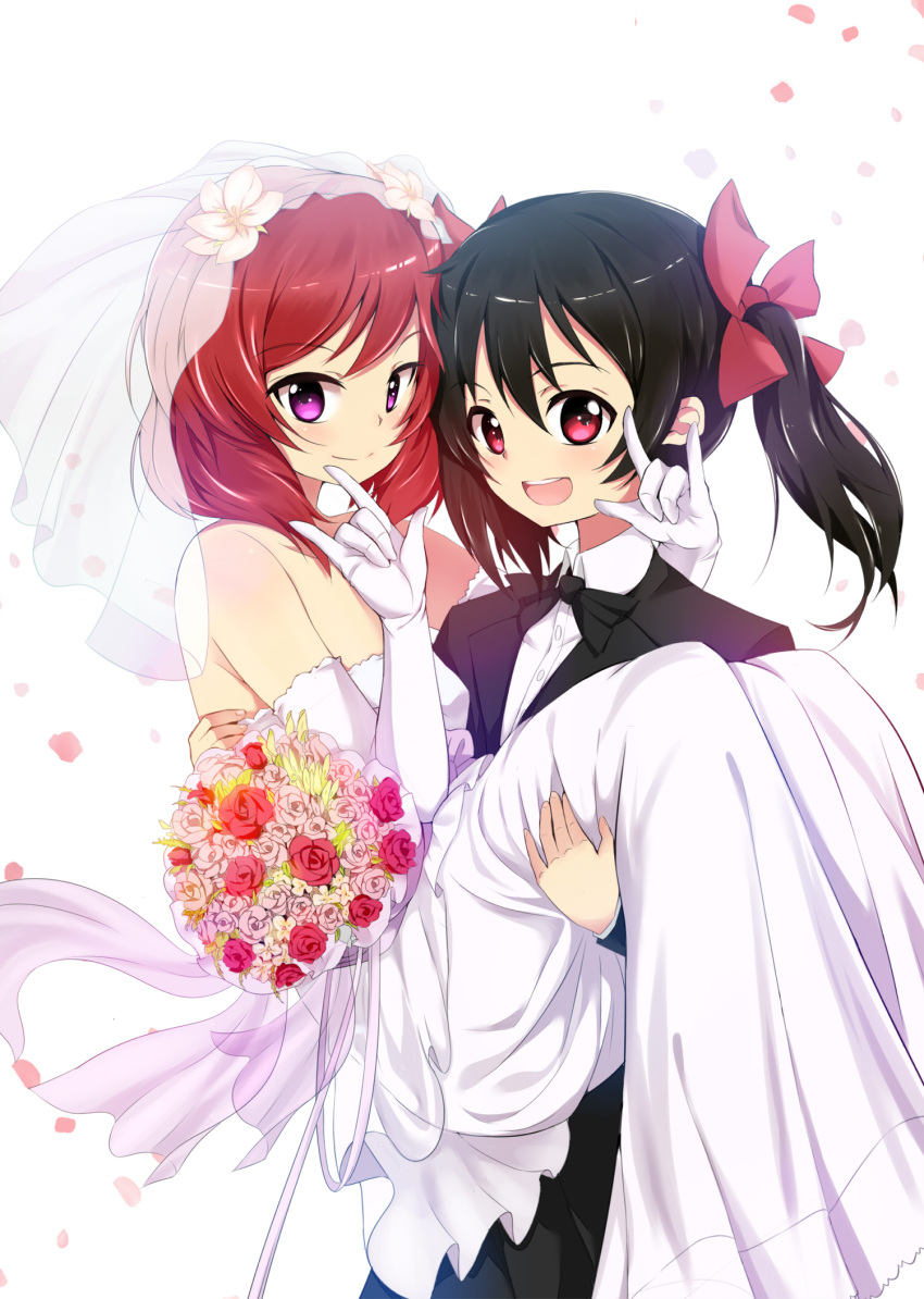 2girls \m/ black_hair bouquet caibao carrying double_\m/ dress elbow_gloves female flower gloves hair_flower hair_ornament hair_ribbon highres looking_at_viewer love_live!_school_idol_project multiple_girls nico_nico_nii nishikino_maki open_mouth petals princess_carry red_eyes redhead ribbon rose strapless_dress tuxedo twintails veil violet_eyes wedding wedding_dress yazawa_nico yuri
