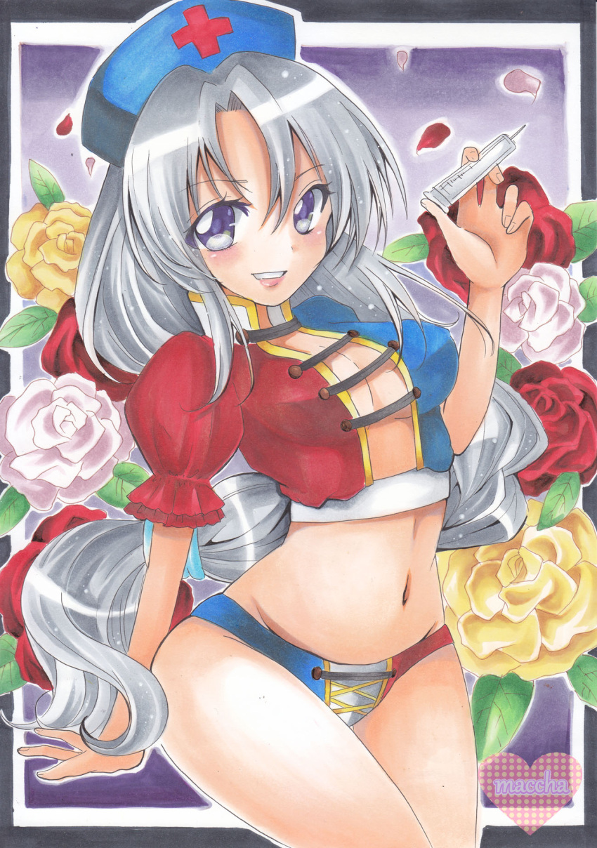 1girl adapted_costume artist_name breasts flower hat heart highres long_hair looking_at_viewer maccha_xxxxxx marker_(medium) midriff navel nurse_cap petals rose silver_hair smile solo syringe touhou traditional_media violet_eyes white_hair yagokoro_eirin