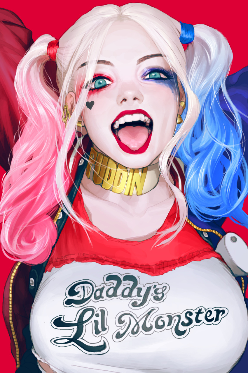 1girl absurdres batman_(series) blonde_hair blue_eyes blue_hair choker clothes_writing dc_comics harley_quinn heart highres jester lipstick long_hair looking_at_viewer makeup margot_robbie open_mouth pink_hair rukiana smile solo suicide_squad tongue tongue_out twintails