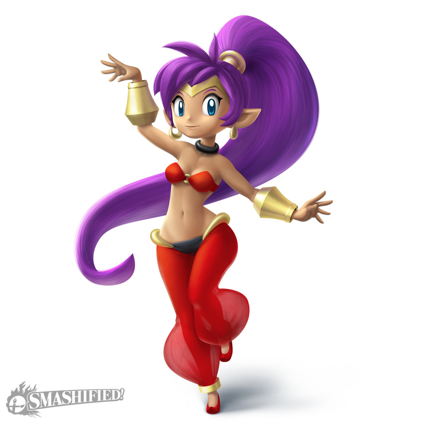1girl bandeau bare_shoulders blue_eyes breasts choker chris_szczesiul cleavage collaboration dark_skin earrings full_body harem_pants highres hoop_earrings jewelry long_hair making_of midriff navel omni_jacala pants pointy_ears pointy_shoes ponytail purple_hair red_shoes see-through shantae shantae_(character) shoes solo standing_on_one_leg tiara transparent_background vambraces very_long_hair