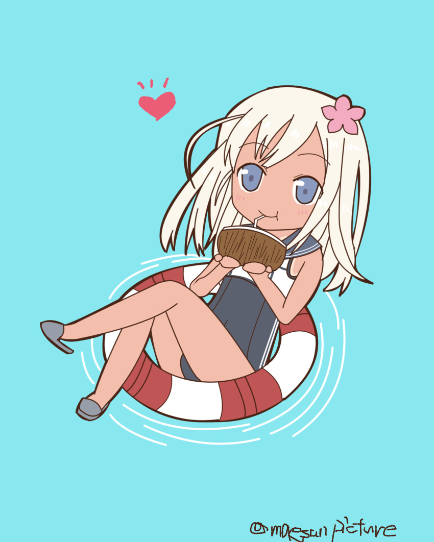 1girl blue_eyes chibi coconut drinking flower hair_flower hair_ornament heart highres kantai_collection lifebuoy long_hair mae_(maesanpicture) ro-500_(kantai_collection) sailor_collar school_swimsuit silver_hair slippers solo straw swimsuit swimsuit_under_clothes tan tanline twitter_username water