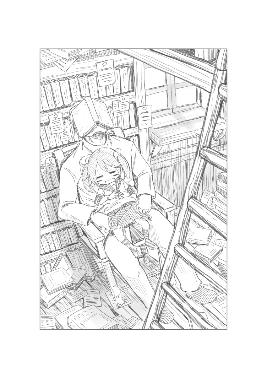 1boy 1girl absurdres admiral_(kantai_collection) book book_on_head bookshelf chair closed_eyes drooling greyscale highres kantai_collection ladder library monochrome object_on_head sazanami_(kantai_collection) school_uniform serafuku sitting sitting_on_lap sitting_on_person sleeping soborou window