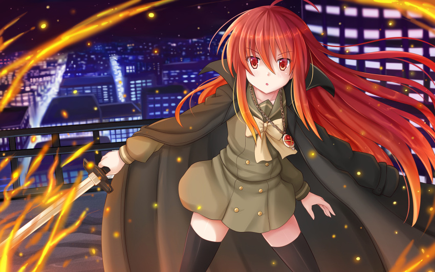 1girl :o bangs black_legwear bow bowtie building buttons cape chain cityscape cowboy_shot embers fire flaming_sword floating_hair glowing hair_between_eyes high_collar highres holding holding_weapon jewelry kazenokaze legs_apart lights long_hair long_sleeves looking_at_viewer necklace night night_sky open_mouth outdoors outstretched_arm payot pendant railing red_eyes redhead rooftop school_uniform serafuku shakugan_no_shana shakugan_no_shana_ii shana sky skyscraper small_breasts solo sword thigh-highs wallpaper weapon widescreen