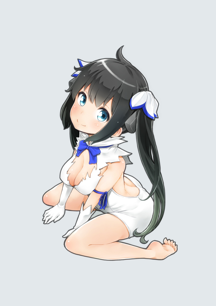 1girl absurdres ahoge bare_legs barefoot black_hair blue_eyes breasts cleavage dress dungeon_ni_deai_wo_motomeru_no_wa_machigatteiru_darou_ka gloves grey_background hair_ornament hestia_(danmachi) highres long_hair looking_at_viewer rei_no_himo simple_background sitting smile soborou solo twintails wariza white_dress white_gloves