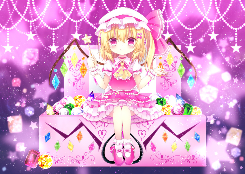 1girl ankle_socks ascot blonde_hair emerald flandre_scarlet frilled_skirt frills gem hair_ornament hat hat_ribbon highres jewelry_box light_particles looking_at_viewer luna_1025 mary_janes mob_cap puffy_short_sleeves puffy_sleeves purple_background red_eyes ribbon ruby_(stone) sapphire_(stone) shoe_ribbon shoes short_hair short_sleeves side_ponytail sitting_on_object skirt skirt_set smile solo star topaz_(stone) touhou wand wings wrist_cuffs