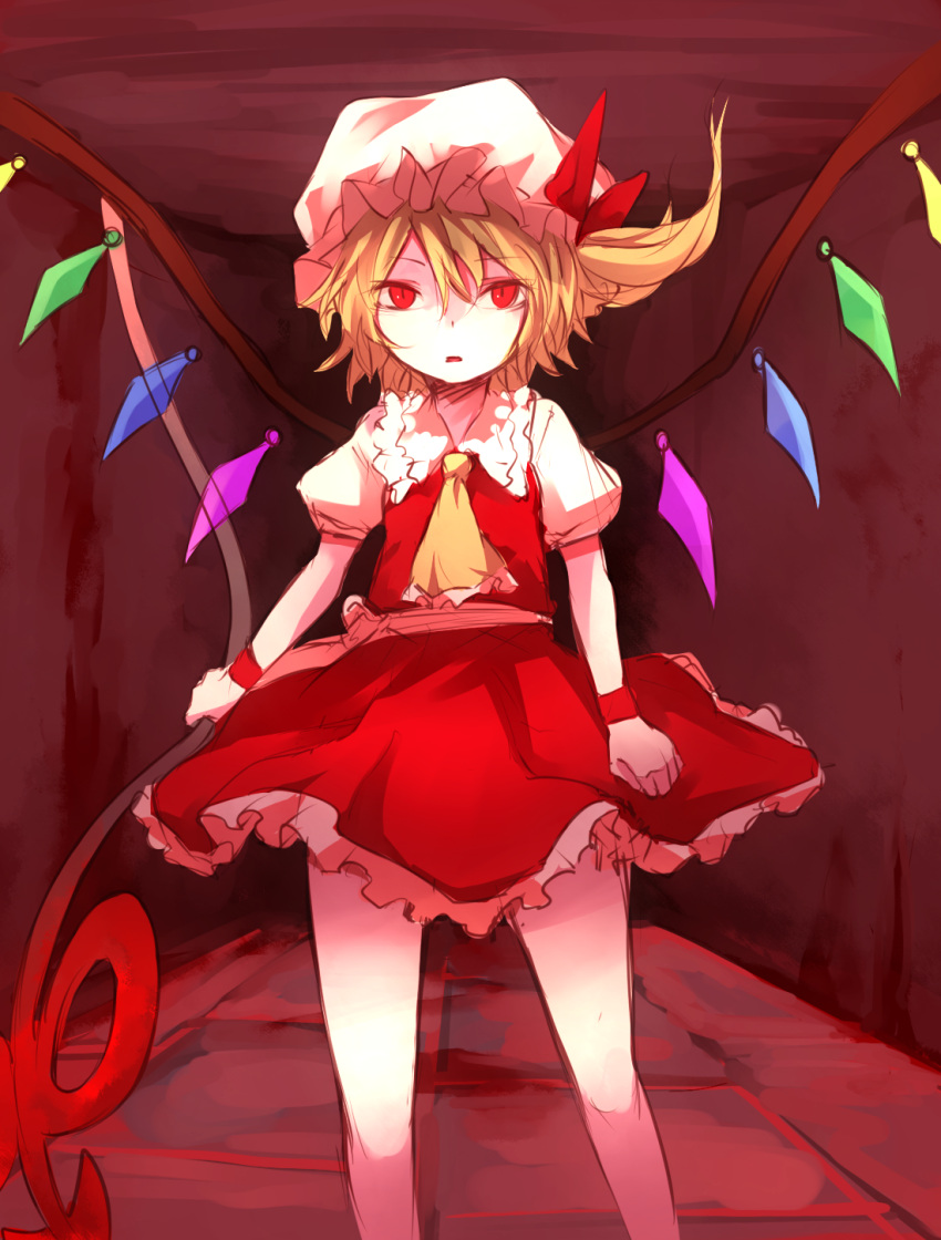 1girl ascot blonde_hair bow flandre_scarlet glasses hat hat_bow highres laevatein miyo_(ranthath) red-framed_glasses sash side_ponytail solo touhou wings