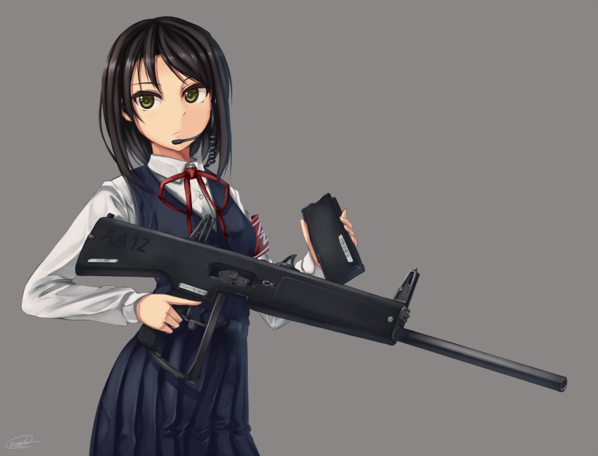 1girl aa-12 black_hair brown_eyes dreadtie gun highres original short_hair shotgun solo weapon