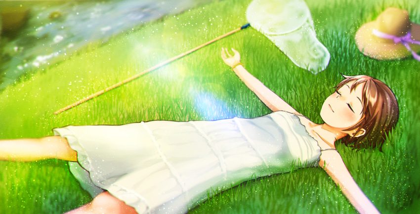 1girl brown_hair butterfly_net closed_eyes dress grass hand_net hat hat_removed headwear_removed lying net on_back original outstretched_arms river shin_(porno) short_hair sleeveless sleeveless_dress smile solo sundress white_dress