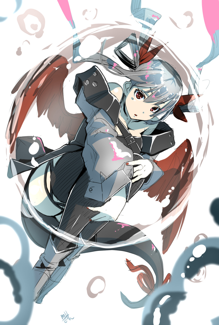 1girl :o alternate_color artist_name bare_shoulders black_legwear blue_hair breasts cleavage detached_sleeves dizzy feathered_wings fetal_position guilty_gear hair_ribbon hair_rings highres legs_together long_hair long_sleeves meth_(emethmeth) nail_polish open_mouth red_eyes red_nails red_ribbon red_wings ribbon solo tail tail_ribbon thigh-highs twintails wings
