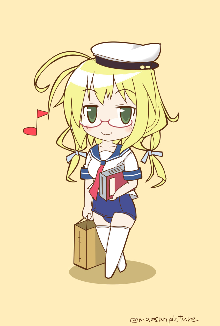 1girl alternate_costume bag blonde_hair book glasses green_eyes hair_ribbon hat highres holding holding_book i-58_(kantai_collection) i-58_(kantai_collection)_(cosplay) i-8_(kantai_collection) kantai_collection mae_(maesanpicture) musical_note necktie paper_bag ribbon sailor_hat school_swimsuit school_uniform serafuku solo swimsuit swimsuit_under_clothes thigh-highs twintails twitter_username