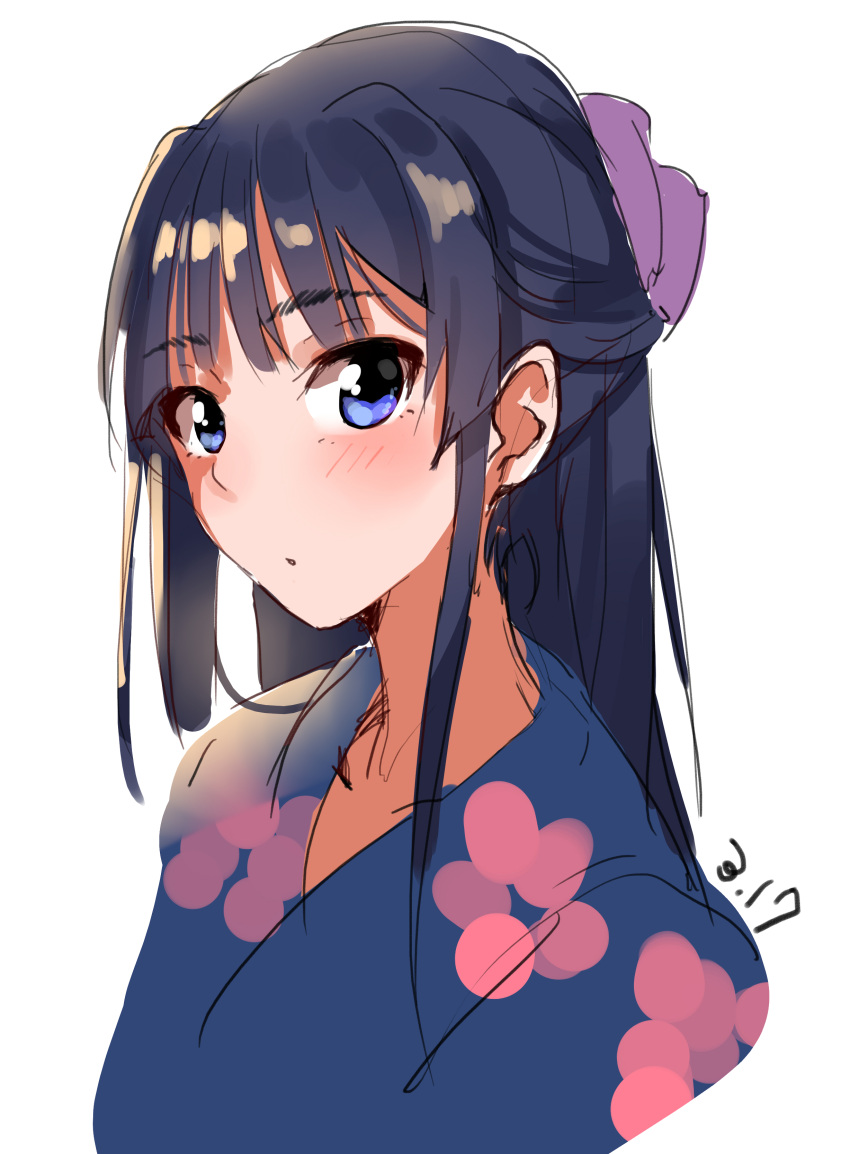 1girl absurdres black_hair blue_eyes blush character_request highres idolmaster japanese_clothes kimono kurokin long_hair looking_at_viewer simple_background sketch solo white_background