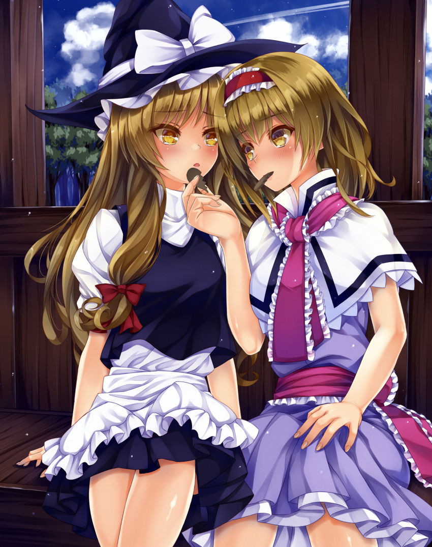 2girls alice_margatroid apron blonde_hair blue_dress blue_sky blush bow braid capelet chocolate chocolate_heart clouds cookie_(touhou) dress eye_contact feeding fence forest hairband hat hat_bow heart highres kirisame_marisa kitou_kaitai lolita_hairband long_hair looking_at_another mouth_hold multiple_girls nature puffy_short_sleeves puffy_sleeves sash shirt short_sleeves single_braid sitting skirt sky touhou very_long_hair vest waist_apron witch_hat yellow_eyes