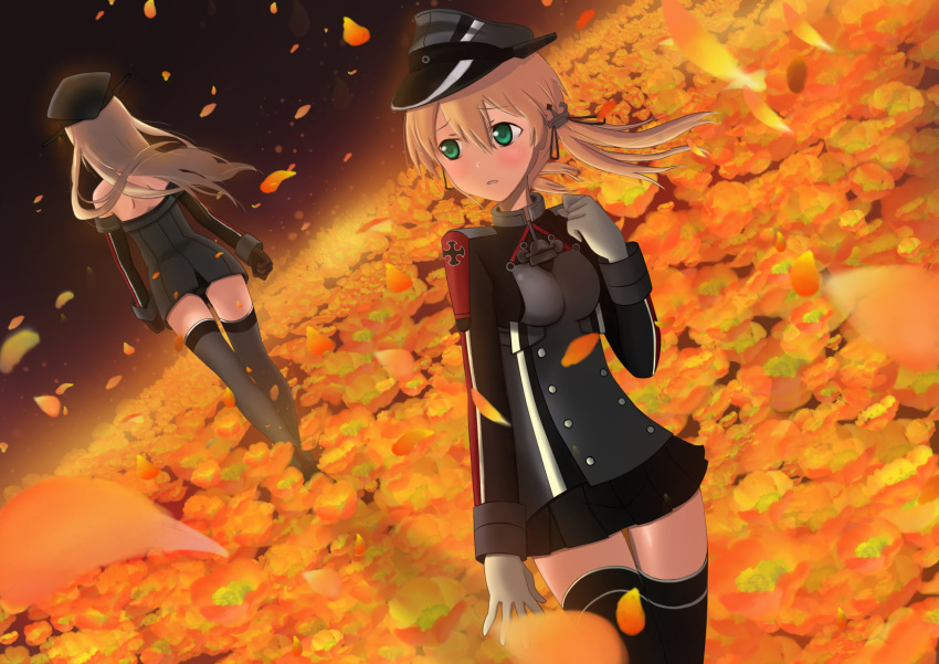 2girls absurdres anchor_hair_ornament autumn_leaves bare_shoulders bismarck_(kantai_collection) blonde_hair breasts detached_sleeves from_behind gloves hair_ornament hat highres kantai_collection long_hair looking_back mianmiao military military_hat military_uniform multiple_girls peaked_cap prinz_eugen_(kantai_collection) twintails uniform