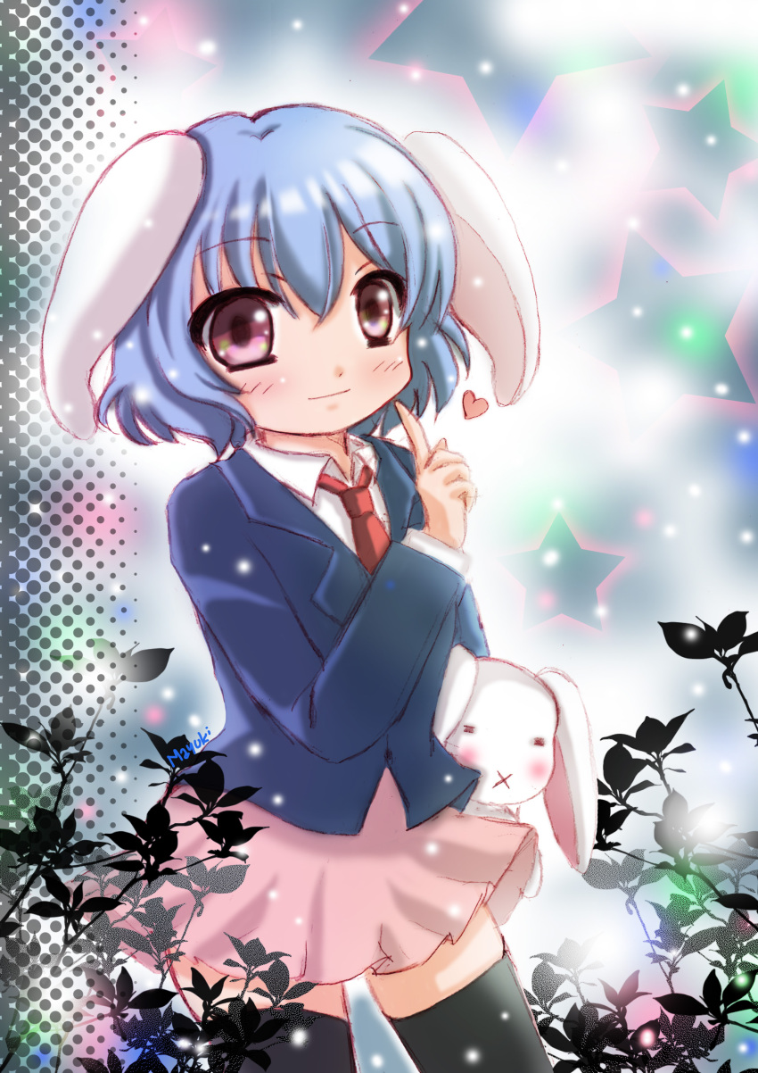 1girl :x absurdres animal_ears black_legwear blue_hair carrying_under_arm halftone halftone_background heart highres index_finger_raised leaf light_particles light_smile looking_at_viewer mayuki_(nami1120) necktie pleated_skirt rabbit rabbit_ears red_eyes reisen short_hair sketch skirt solo star starry_background suit_jacket thigh-highs touhou zettai_ryouiki
