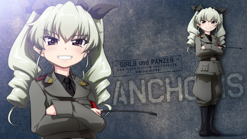 1girl anchovy belt black_shirt boots character_name chipika copyright_name crossed_arms dress_shirt drill_hair english girls_und_panzer green_hair grin hair_ribbon highres holding jacket knee_boots long_hair looking_at_viewer military military_uniform necktie pants red_eyes ribbon riding_crop shirt smile solo standing twin_drills twintails uniform zoom_layer