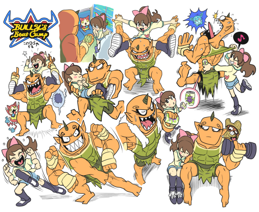 1girl abs afterimage blush_stickers carrying cat collage dumbbell exercise gashi-gashi hitodama jibanyan kodama_fumika komajirou long_hair multiple_tails muscle notched_ear oni orange_skin pointy_ears ponytail pose princess_carry shoulder_carry tail weightlifting youkai_watch