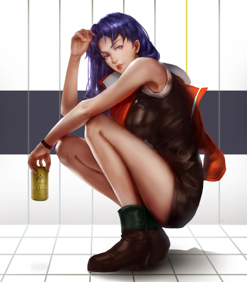 1girl bangs bare_arms bare_shoulders beer_can bent_knees blue_eyes blue_hair breasts brown_dress caviar_(lunar_sama) dress from_side highres holding_can katsuragi_misato lips lipstick long_hair makeup neon_genesis_evangelion parted_bangs parted_lips purple_hair short_dress thighs tile_floor tile_wall tiles