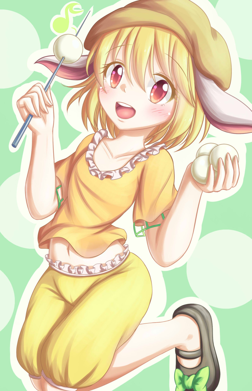 1girl absurdres animal_ears blonde_hair collarbone crop_top dior-zi folded_leg food green_background hat highres jumping looking_at_viewer midriff mochi musical_note navel open_mouth rabbit_ears red_eyes ringo_(touhou) sandals shoe_ribbon short_hair shorts skewer solo touhou wagashi
