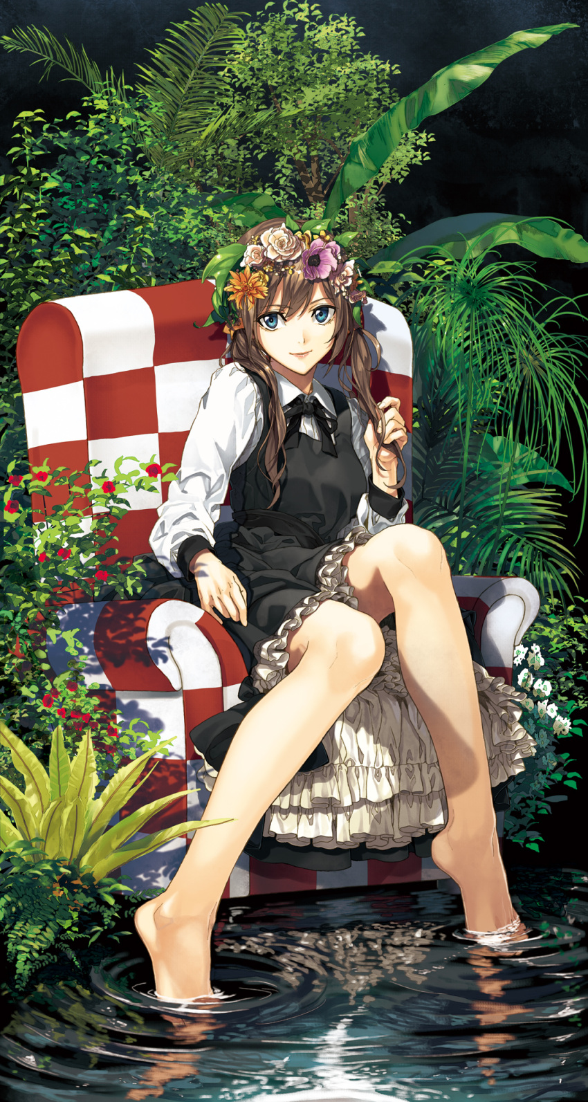 1girl barefoot blue_eyes brown_hair couch dress feet_in_water flower frills hair_flower hair_ornament head_wreath highres legs lips long_hair luna_(reclaimed_land) original plant smile soaking_feet solo tagme twintails water