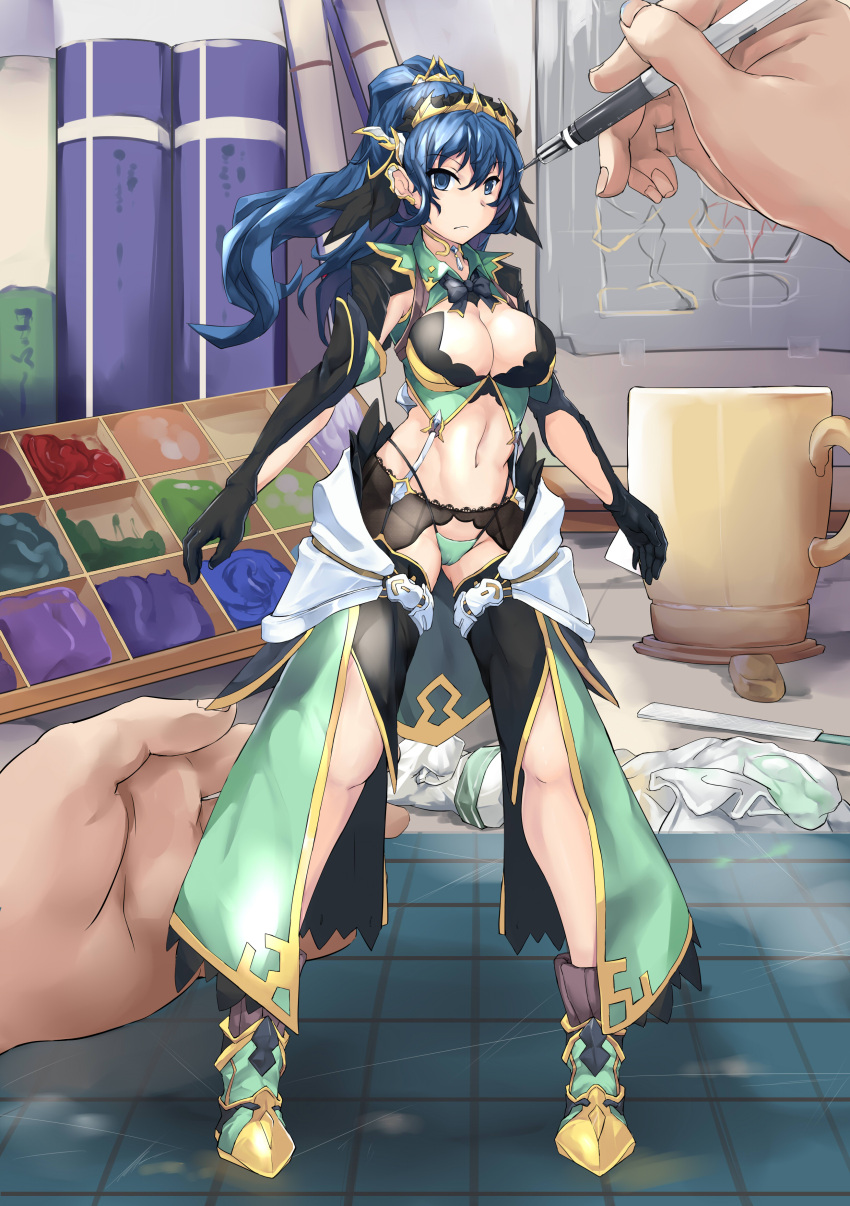 1girl absurdres black_gloves blue_eyes blue_hair breasts bustier chaps cleavage cup drawing_equipment figure gloves green_eyes highres large_breasts long_hair lu_hao_liang midriff navel original pen pov_hands tiara