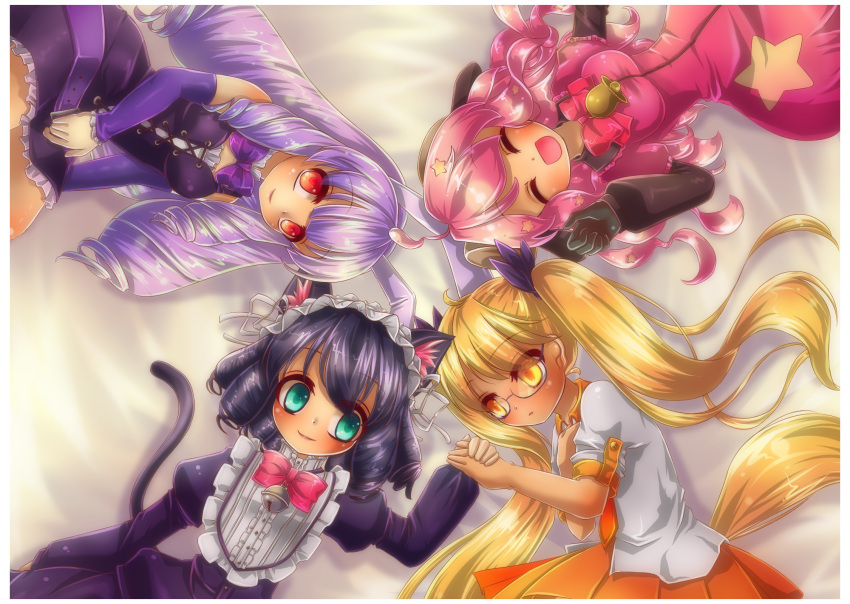 4girls animal_ears aqua_eyes bell black_hair blonde_hair bowtie cat_ears cat_tail chuchu_(show_by_rock!!) closed_eyes cyan_(show_by_rock!!) dog_tail drill_hair glasses hair_ribbon hand_on_own_chest highres holding_hands horns jingle_bell juliet_sleeves kakiikada long_sleeves looking_at_another looking_at_viewer lying maid_headdress moa_(show_by_rock!!) multiple_girls on_back open_mouth pink_hair pleated_skirt puffy_sleeves purple_hair rabbit_ears red_eyes retoree ribbon sheep_ears sheep_horns show_by_rock!! side_glance skirt smile tail twintails yellow_eyes