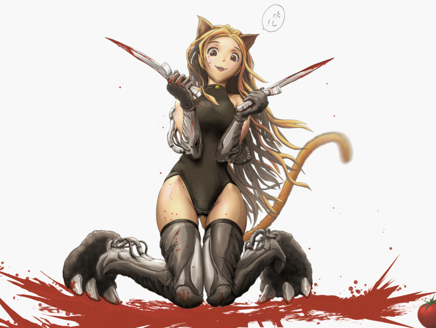 1girl animal_ears bell black_gloves black_legwear blonde_hair blood blood_on_face bloody_clothes bloody_knife brown_eyes cat_ears cat_tail crazy_smile cyborg dual_wielding elbow_gloves fangs gloves kneeling knife leotard long_hair looking_at_viewer original pandarou solo tail thigh-highs tomato very_long_hair