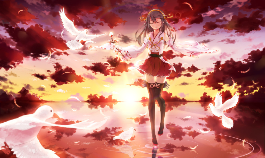 1girl bare_shoulders black_hair black_legwear closed_eyes closed_mouth clouds detached_sleeves feathers haruna_(kantai_collection) headgear highres kantai_collection long_hair nontraditional_miko pleated_skirt red_skirt shakugan_(natural_stay) skirt sky smile solo sunset wide_sleeves